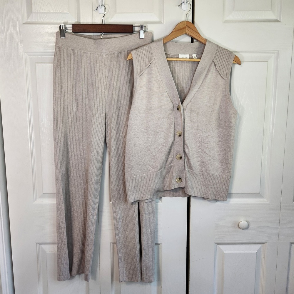 Cyrus Womens Ribbed Knit 2 Piece Set Cardigan Vest and Wide Leg Pants S/Med